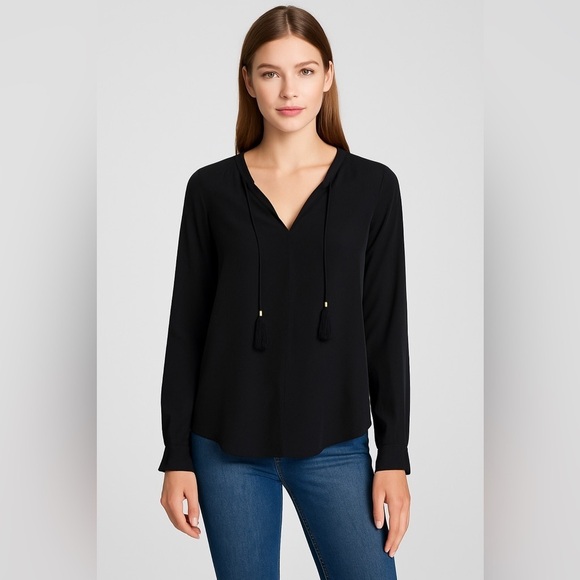 Equipment Tops - Equipment Femme Black Silk Long Sleeve Tassel Blouse Women’s Size S